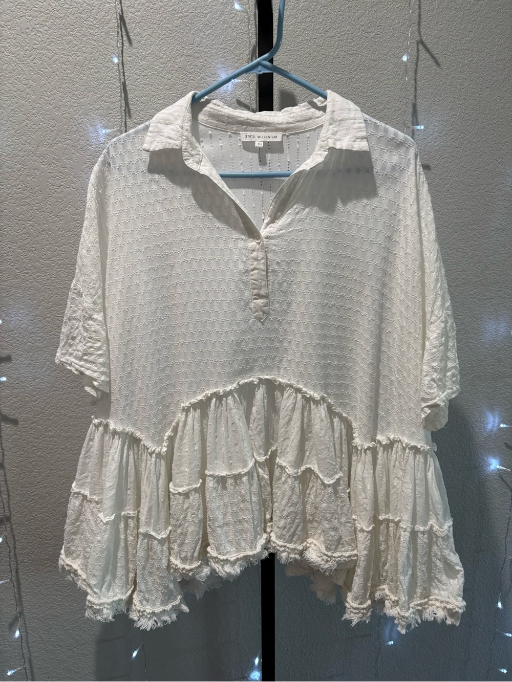 White Ruffled Tiered Button Polo Top -